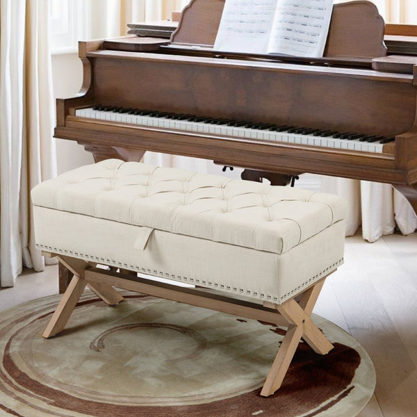 English Elm 35 Inch Button Tufted Linen Upholstered Bench with Lift Top Hidden Storage Compartment W1955121377