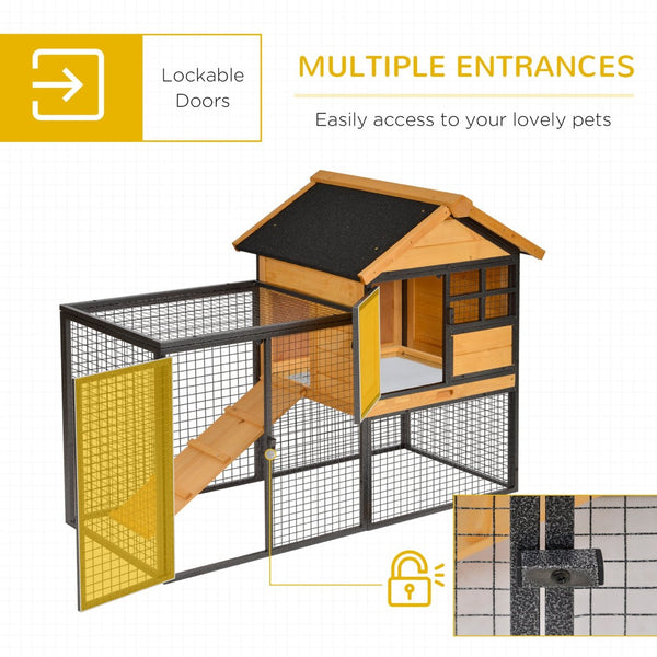 English Elm Pawhut Two Level Fir Wood Outdoor Rabbit Hutch with Weatherproof Roof and Removable Tray W2225P166396