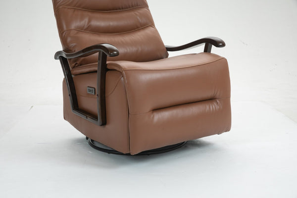 English Elm Swivel Power Recliner with Wood Armrests Faux Leather Lounge Chair for Living Room W547P147307