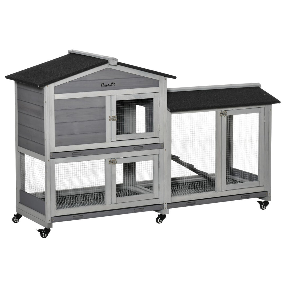 English Elm Pawhut 2-story Wooden Rabbit Hutch Weatherproof Outdoor Run with Ramp and Slide Trays W2225P166397