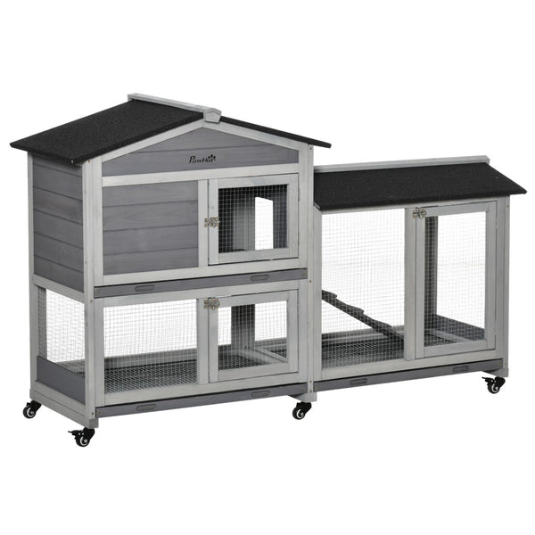 English Elm Pawhut 2-story Wooden Rabbit Hutch Weatherproof Outdoor Run with Ramp and Slide Trays W2225P166397