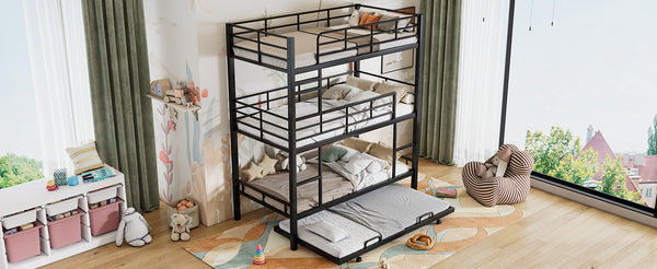 English Elm Metal Triple Twin Bunk Bed with Trundle White – Heavy-Duty Steel Frame, Space-Saving, Guardrails, 78.7"H Antique Black GX000647AAB