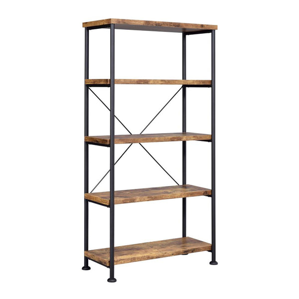 English Elm 5-Shelf Contemporary Tall Bookcase in Antique Nutmeg & Black — Space-Saving 5-Tier Display Shelf Unit for Living Room Office Bedroom Organization and Style B016P164659