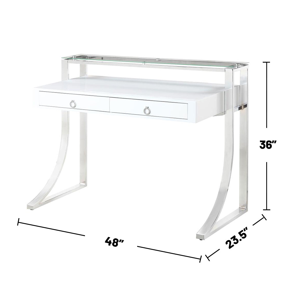 English Elm 2-Drawer Glossy White Writing Desk with Chrome Accents, Two Drawers & Shelf for Organized Workspaces B016S00011
