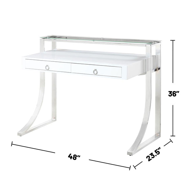 English Elm 2-Drawer Glossy White Writing Desk with Chrome Accents, Two Drawers & Shelf for Organized Workspaces B016S00011