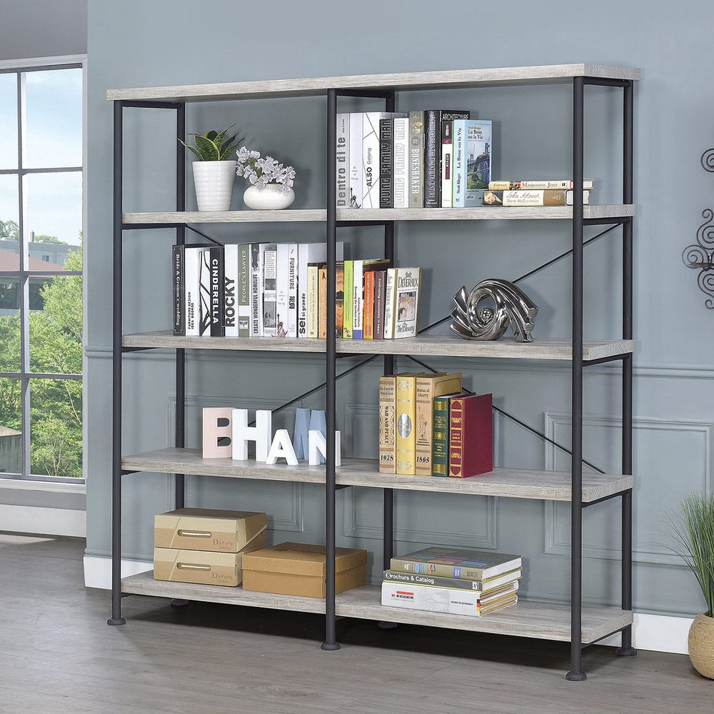 English Elm 4-Shelf Open Bookcase In Grey Driftwood & Black Metal Frame - Mid-Century Modern Storage Solution B016P164661