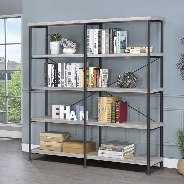 English Elm 4-Shelf Open Bookcase In Grey Driftwood & Black Metal Frame - Mid-Century Modern Storage Solution B016P164661