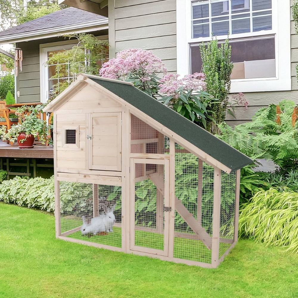English Elm Pawhut Two-tier Fir Wood Rabbit Hutch with Weatherproof Roof and Enclosed Run W2225P166391