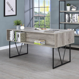English Elm 4-Drawer Industrial Writing Desk in Grey Driftwood with Black Metal Base, 4 Drawers & Open Shelf B016P164667