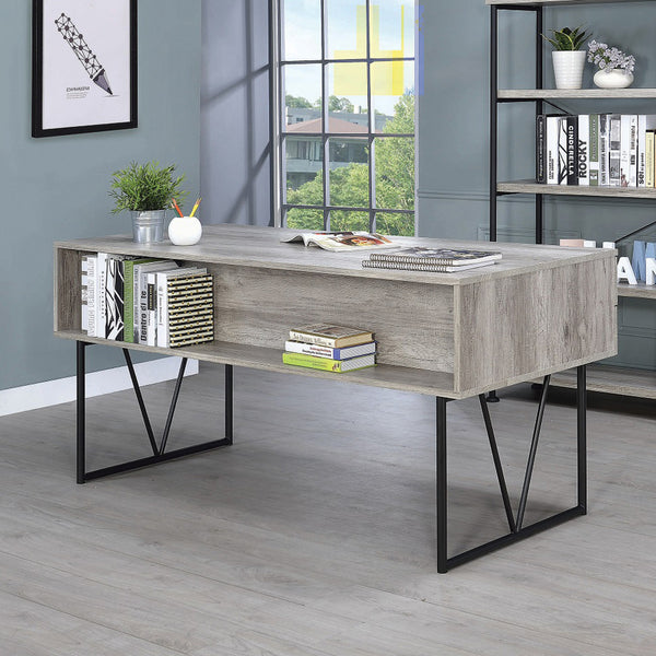English Elm 4-Drawer Industrial Writing Desk in Grey Driftwood with Black Metal Base, 4 Drawers & Open Shelf B016P164667
