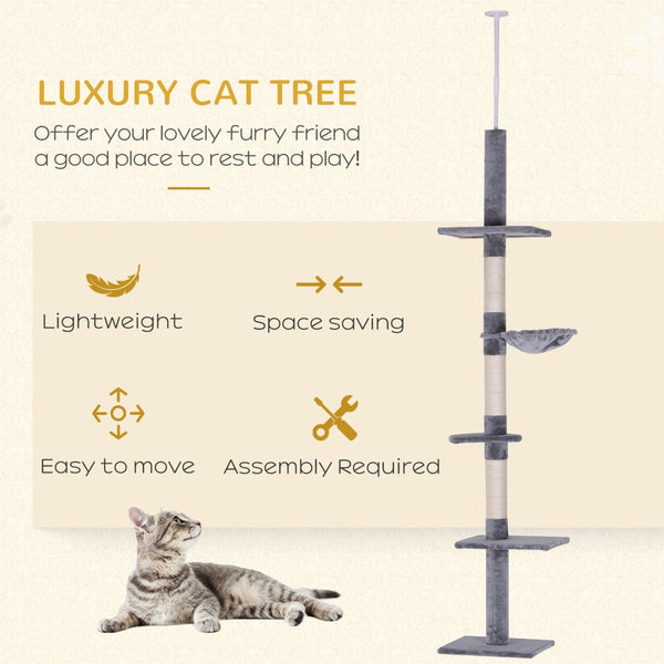 English Elm Pawhut Tension Mounted Floor to Ceiling Cat Tree Five Carpeted Tiers Sisal Posts W2225P166359