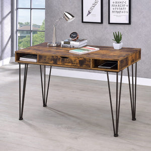 English Elm 1-Drawer Writing Desk In Antique Nutmeg and Dark Bronze