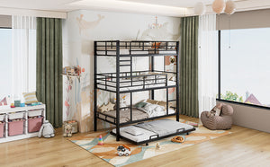 English Elm Metal Triple Twin Bunk Bed with Trundle White – Heavy-Duty Steel Frame, Space-Saving, Guardrails, 78.7"H Antique Black GX000647AAB