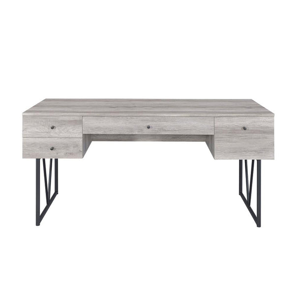 English Elm 4-Drawer Industrial Writing Desk in Grey Driftwood with Black Metal Base, 4 Drawers & Open Shelf B016P164667