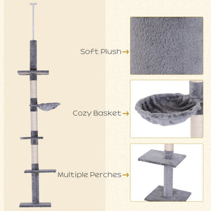 English Elm Pawhut Tension Mounted Floor to Ceiling Cat Tree Five Carpeted Tiers Sisal Posts W2225P166359