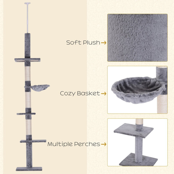 English Elm Pawhut Tension Mounted Floor to Ceiling Cat Tree Five Carpeted Tiers Sisal Posts W2225P166359