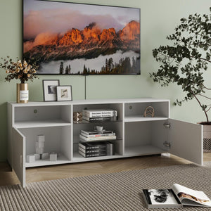 English Elm Tv Stand with Rgb Led Lighting Matte White Media Console Glass Shelves Gaming Room W2301P143103