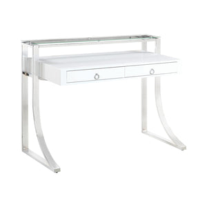 English Elm 2-Drawer Glossy White Writing Desk with Chrome Accents, Two Drawers & Shelf for Organized Workspaces B016S00011