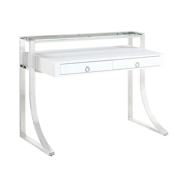 English Elm 2-Drawer Glossy White Writing Desk with Chrome Accents, Two Drawers & Shelf for Organized Workspaces B016S00011