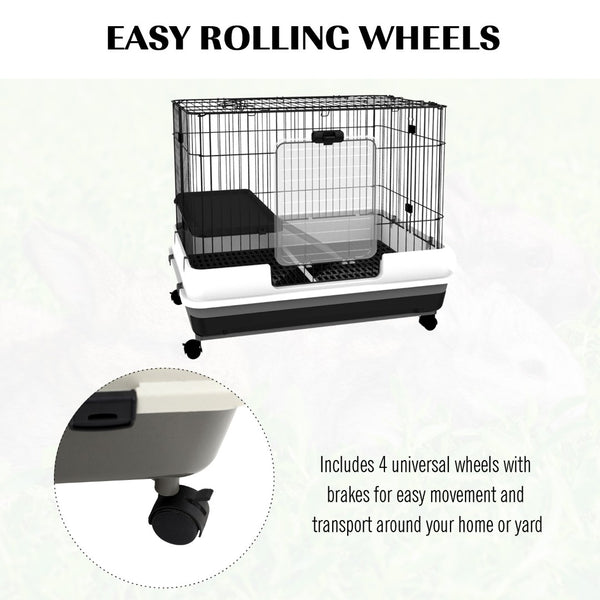 English Elm Pawhut Two Level Indoor Small Animal Hutch with Wheels Ramp and Slide Out Tray W2225P166403