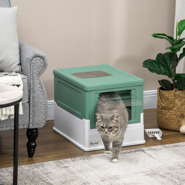 English Elm PawHut Enclosed Cat Litter Box with Scoop, Odor-Blocking Hooded Pet Toilet, Top Entry & Slide Tray Green W2225P166348