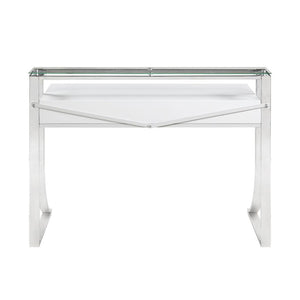 English Elm 2-Drawer Glossy White Writing Desk with Chrome Accents, Two Drawers & Shelf for Organized Workspaces B016S00011