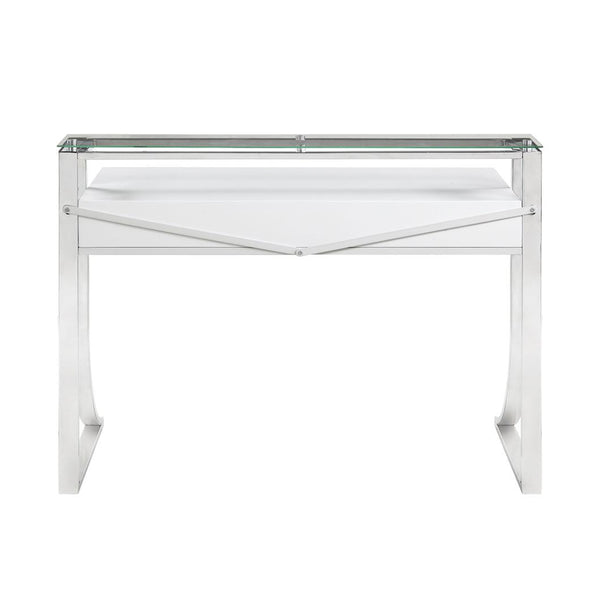 English Elm 2-Drawer Glossy White Writing Desk with Chrome Accents, Two Drawers & Shelf for Organized Workspaces B016S00011