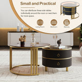 English Elm Φ27.5'' & Φ19.6'' Stackable Coffee Table With 2 Drawers, Nesting Tables With Brown Tempered Glass and High Gloss Marble Tabletop, Set Of 2, Round Center Table For Living Room, Black