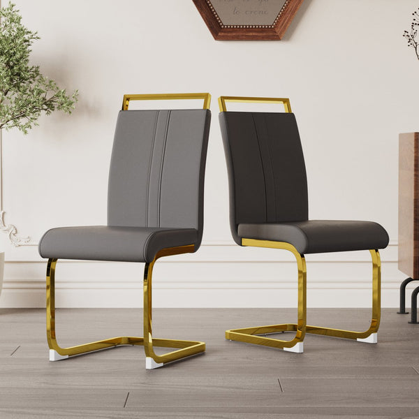 English Elm Modern Dining Chairs Set Of 2 - Stylish Grey Pu Leather High Back With Gold-Plated Legs For Comfort W2189133307