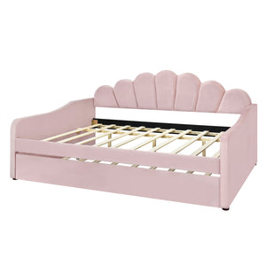 English Elm Full Full Size Upholstery Daybed Frame with Shell Backrest and Pull-Out Trundle, Velvet Elegance Pink DL001826AAH