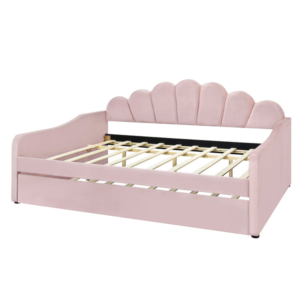 English Elm Full Full Size Upholstery Daybed Frame with Shell Backrest and Pull-Out Trundle, Velvet Elegance Pink DL001826AAH