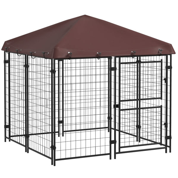English Elm Pawhut Walk-in Steel Dog Kennel Outdoor with Canopy and Rotating Bowl Holders W2225P166323