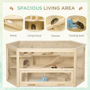 English Elm Pawhut Three Tier Natural Wood Small Animal Habitat with Seesaws Huts and Activity Center W2225P166267