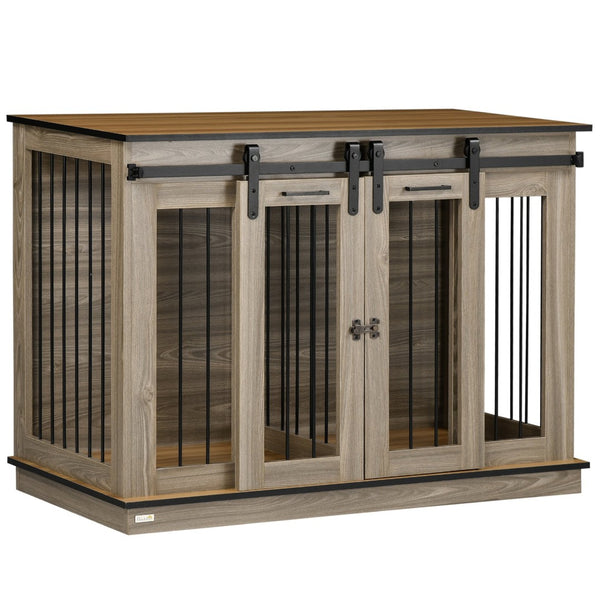 English Elm Pawhut Oak Finish Dog Kennel End Table with Divider for Living Room Decor W2225P166306