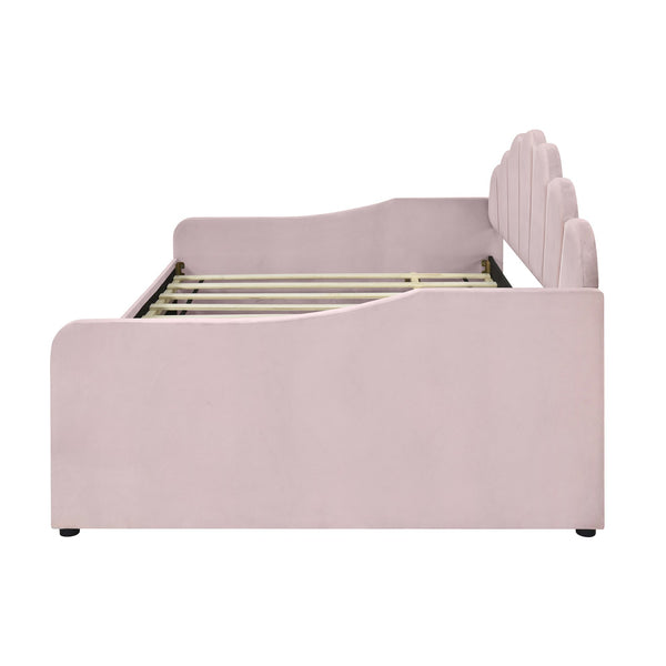 English Elm Full Full Size Upholstery Daybed Frame with Shell Backrest and Pull-Out Trundle, Velvet Elegance Pink DL001826AAH