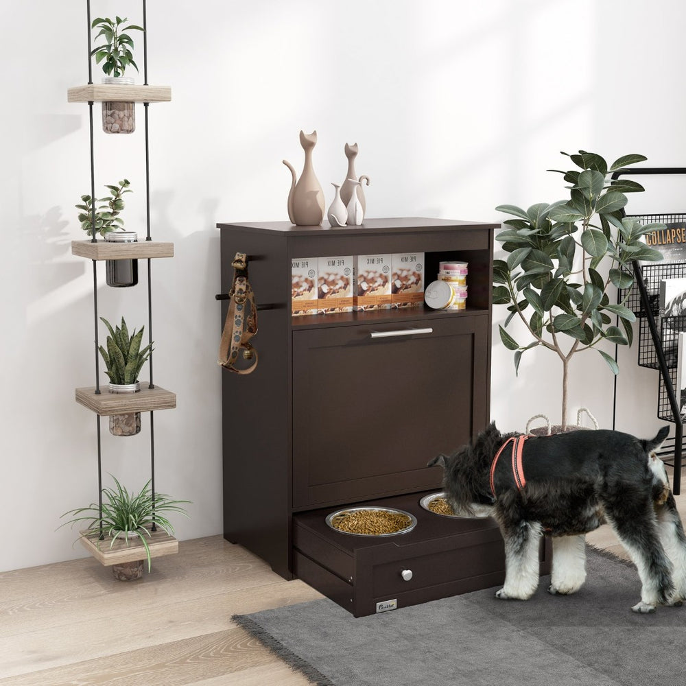 English Elm Pawhut Stylish Pet Feeder Station & Storage Cabinet, Raised Bowls, Hooks For Leashes, Brown Finish W2225P166299-GIGA