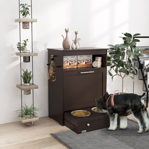 English Elm Pawhut Stylish Pet Feeder Station & Storage Cabinet, Raised Bowls, Hooks For Leashes, Brown Finish W2225P166299-GIGA