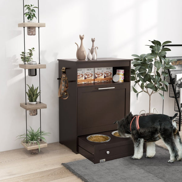 English Elm Pawhut Stylish Pet Feeder Station & Storage Cabinet, Raised Bowls, Hooks For Leashes, Brown Finish W2225P166299-GIGA