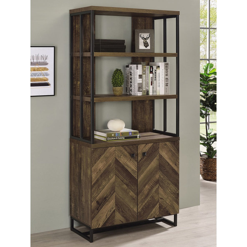 English Elm 2-Door Rustic Oak Herringbone Bookcase with Gunmetal Frame, 3 Open Shelves & Adjustable Cabinet Storage B016P164972