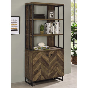 English Elm 2-Door Rustic Oak Herringbone Bookcase with Gunmetal Frame, 3 Open Shelves & Adjustable Cabinet Storage B016P164972