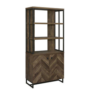 English Elm 2-Door Rustic Oak Herringbone Bookcase with Gunmetal Frame, 3 Open Shelves & Adjustable Cabinet Storage B016P164972