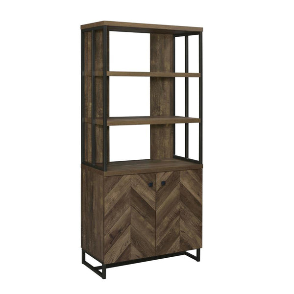 English Elm 2-Door Rustic Oak Herringbone Bookcase with Gunmetal Frame, 3 Open Shelves & Adjustable Cabinet Storage B016P164972