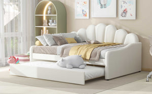 English Elm Full Full Size Upholstery Daybed Frame with Shell Backrest and Pull-Out Trundle, Velvet Elegance White DL001826AAA