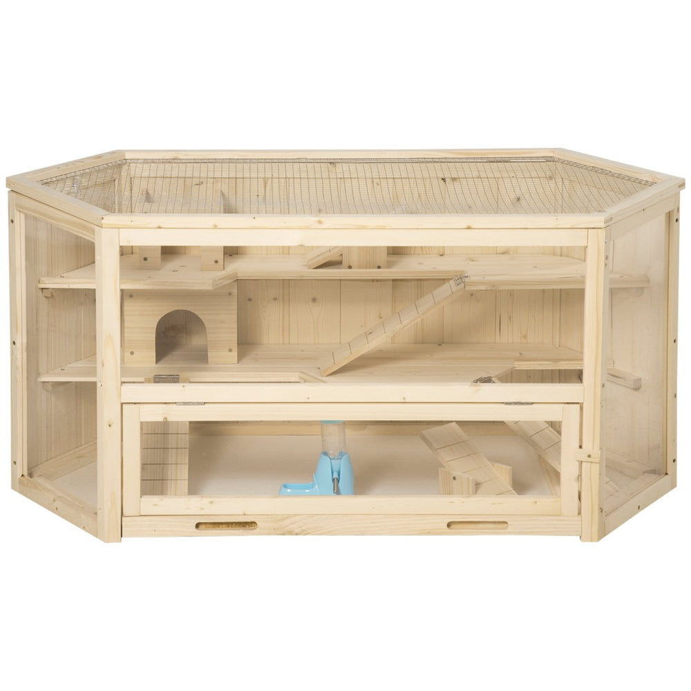 English Elm Pawhut Three Tier Natural Wood Small Animal Habitat with Seesaws Huts and Activity Center W2225P166267