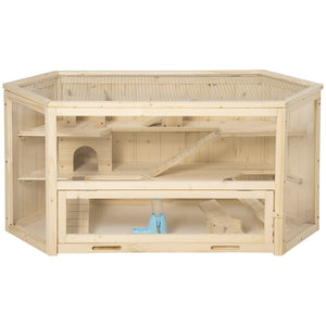 English Elm Pawhut Three Tier Natural Wood Small Animal Habitat with Seesaws Huts and Activity Center W2225P166267