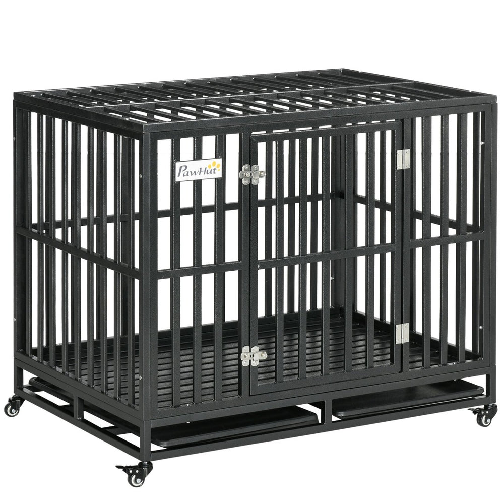 English Elm Pawhut Welded Steel Dog Kennel with Lockable Wheels Slide Out Tray and Safe Floor W2225P166304