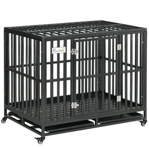 English Elm Pawhut Welded Steel Dog Kennel with Lockable Wheels Slide Out Tray and Safe Floor W2225P166304