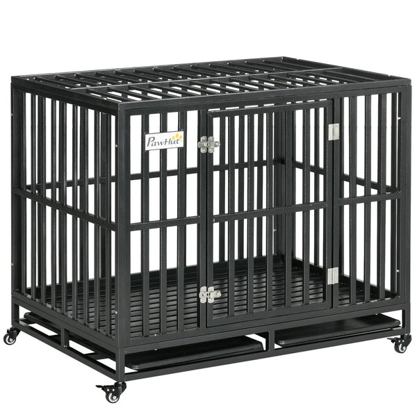 English Elm Pawhut Welded Steel Dog Kennel with Lockable Wheels Slide Out Tray and Safe Floor W2225P166304