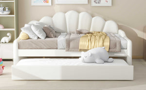 English Elm Full Full Size Upholstery Daybed Frame with Shell Backrest and Pull-Out Trundle, Velvet Elegance White DL001826AAA