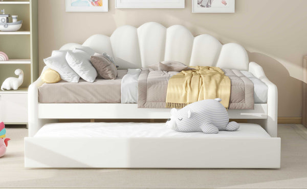 English Elm Full Full Size Upholstery Daybed Frame with Shell Backrest and Pull-Out Trundle, Velvet Elegance White DL001826AAA